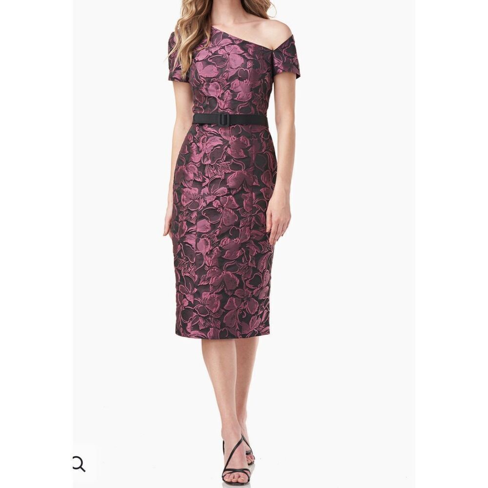 NWT Kay Unger Alana Sheath Jacquard Floral Midi‎ Dress Sz 6/Black Cherise